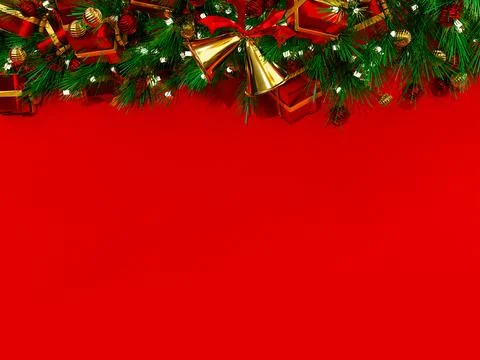 Christmas background 3D rendering. Top view of Christmas gift box  with spruc Stock Illustration