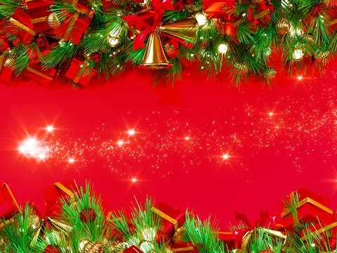 Christmas background 3D rendering. Top view of Christmas gift box  with spruc Stock Illustration