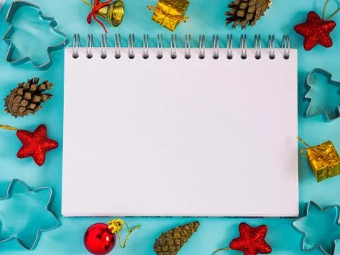 Christmas background with blank notebook Stockfoto's
