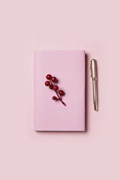 Christmas background with blank notebook surrounded by Christmas decorations Stock Photos
