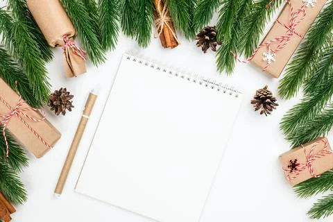 Christmas background from blank white notepad with spring for wish list and Stock Photos