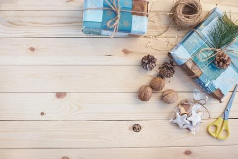 Christmas background on blue board Stock Photos