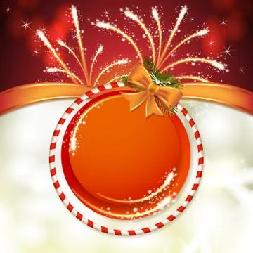 Christmas background with bow, pine tree and fireworks Stock Illustration