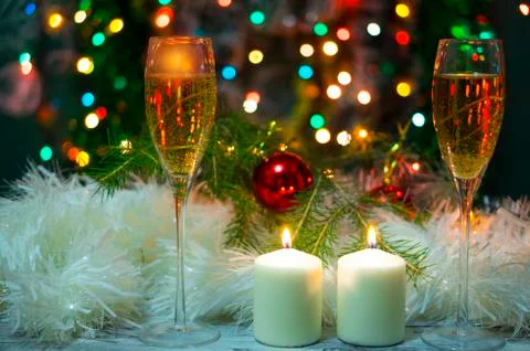 Christmas background with candles, fir tree, balls, garlands. Stock Photos