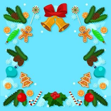 Christmas background with Christmas tree branches, decorations, gingerbread and Stock Illustration