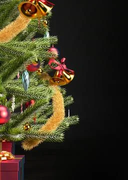 Christmas background with christmas tree, red gift boxes and copy space, 3D.. 스톡 일러스트