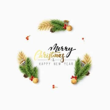 Christmas background of a circular frame with pine branches and xmas balls. Stock Illustration