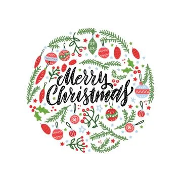 Christmas background of circular shape with pine tree branches and xmas balls Stock Illustration