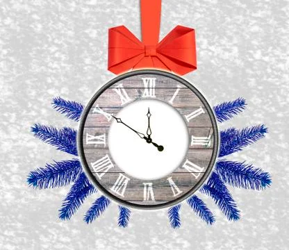 Christmas background clock with pine tree and red bow Happy New Year Stock Photos