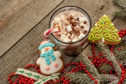 Christmas background, composition. spruce branches, gingerbread Stock Photos