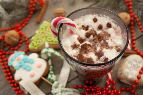 Christmas background, composition. spruce branches, gingerbread Stock Photos