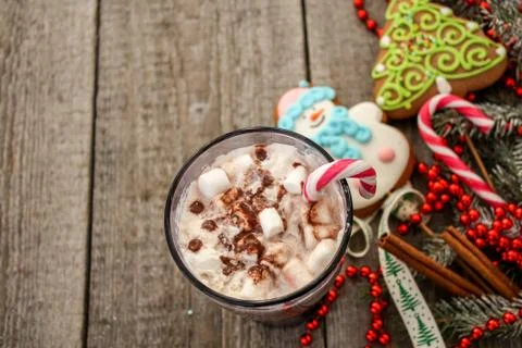 Christmas background, composition. spruce branches, gingerbread Stock Photos