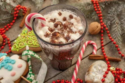 Christmas background, composition. spruce branches, gingerbread Stock Photos