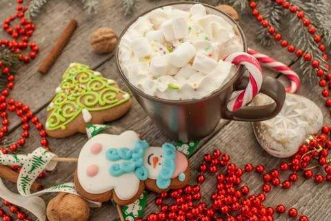 Christmas background, composition. spruce branches, gingerbread Stock Photos