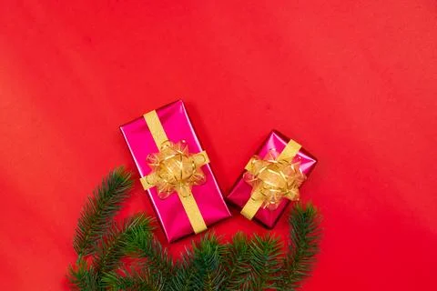 Christmas background concept. Top view of Christmas gift box gold balls wit.. 写真素材
