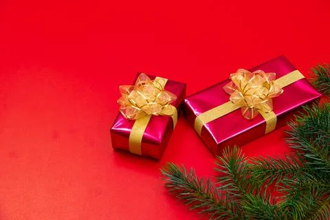 Christmas background concept. Top view of Christmas gift box gold balls wit.. 写真素材