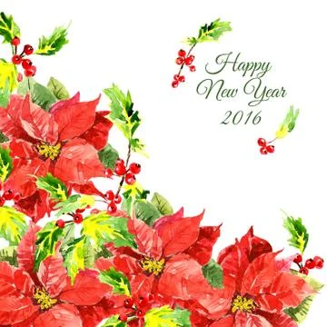 Christmas background with cool red flowers and holly leaves Stock Illustration