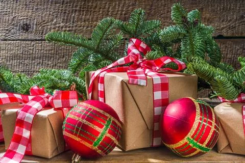 Christmas background craft gift boxes Stock Photos