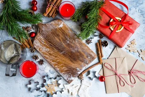 Christmas background. Cutting board and gift boxes concept for Christmas . Stock-Fotos