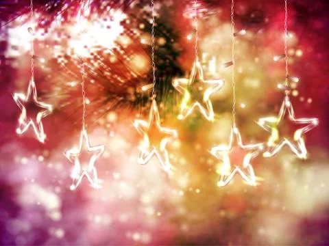 Christmas background of de-focused lights with decorated Glass Stars Stock Illustration