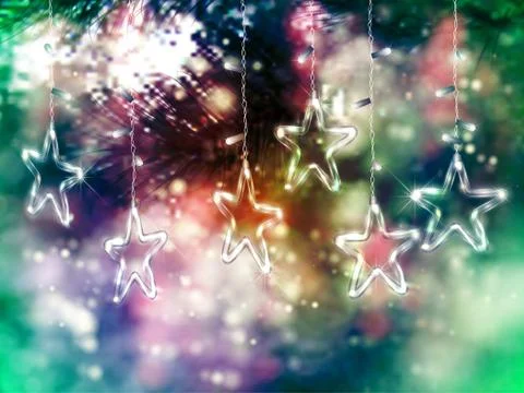 Christmas background of de-focused lights with decorated Glass Stars Stock Illustration