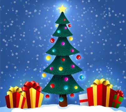 Christmas background with decorated tree and gift boxes.  Christmas and New Yea Stock Illustration