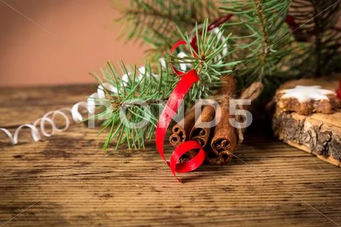 Christmas background with decoration and fir branch Stock Photos