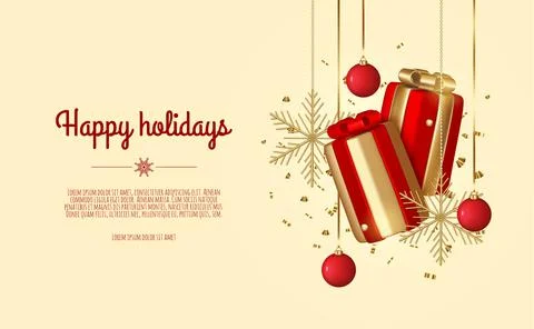 Christmas background. Design with realistic Christmas tree, gift box, snowflakes Stock Illustration