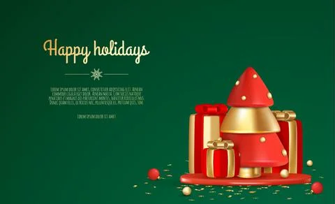 Christmas background. Design with realistic Christmas tree, gift box, snowflakes Stock Illustration