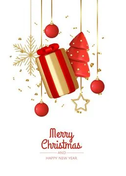 Christmas background. Design with realistic Christmas tree, gift box, snowflakes Stock Illustration