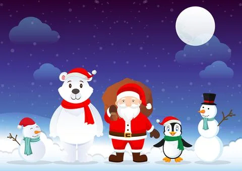 Christmas Background Design Vector. Santa Claus, Penguin, Polar Bear, Snowman Stock Illustration