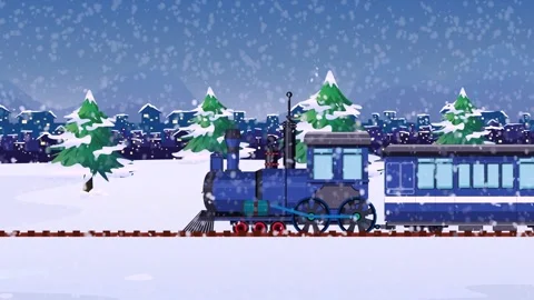 Christmas background with falling snow and Trains, as well as colorful houses Stock Footage 293802146