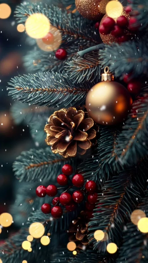 Christmas background with fir branches, pine cones and bokeh lights. Stock Footage 293280677