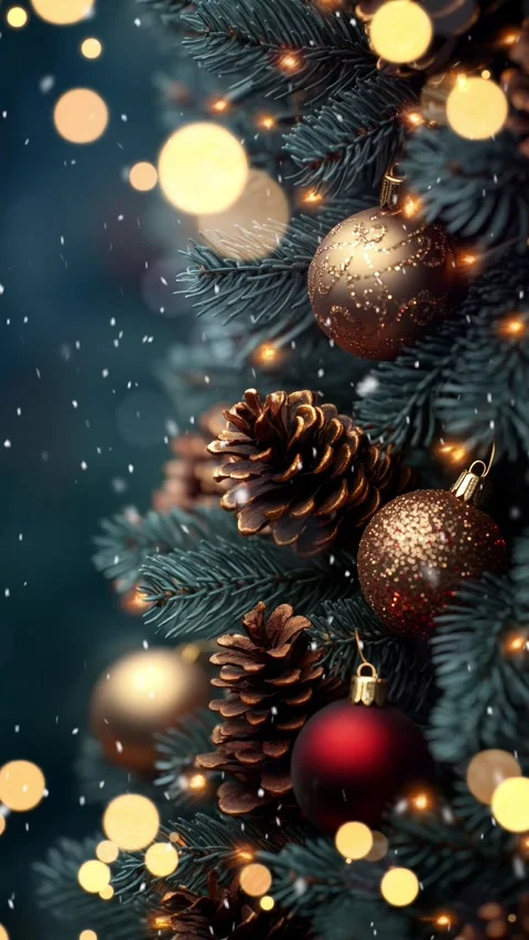 Christmas background with fir branches, pine cones and bokeh lights in the .. Stock Footage 293280682