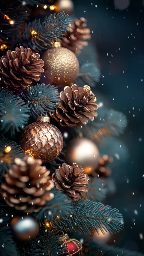 Christmas background with fir branches, pine cones and bokeh lights. Stock Footage 293280685