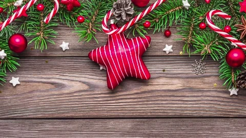 Christmas background with fir tree branches, gift boxes, red star and Stock-Footage 288736688