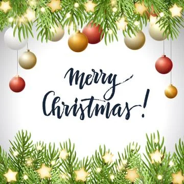 Christmas background with fir tree branches, glowing stars, light bulb garland 库存插图