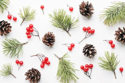 Christmas background, floral pattern of pine tree branches and cones on wh... Stockfoto's