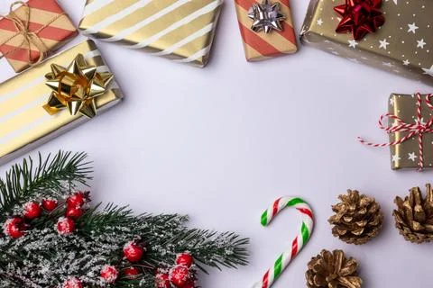 Christmas background frame with copy space on white, decoration elements with Foto stock