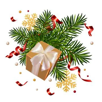 Christmas background with gift box, pine tree branches, gold snowflakes Stock Illustration
