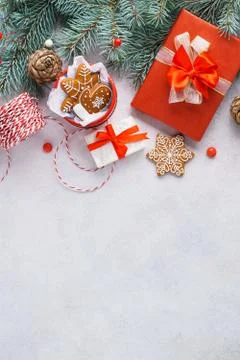 Christmas background with gift boxes and cookies. Xmas sale. Stock Photos