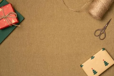 Christmas background with gift boxes. Flat lay, top view. Copy space Stock Photos