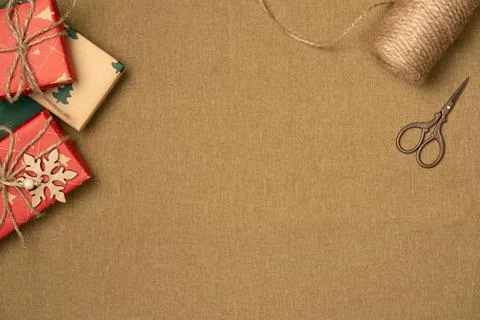 Christmas background with gift boxes. Flat lay, top view. Copy space Stock Photos