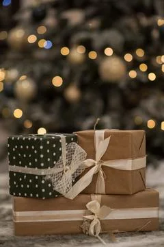 Christmas background with gift boxes on a light background. Christmas holiday Stock Photos