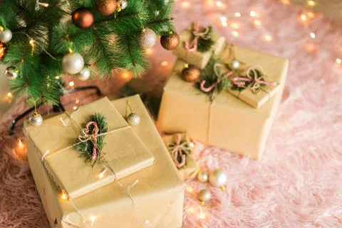Christmas background with gift boxes. Preparation for holidays. Top view with Foto stock