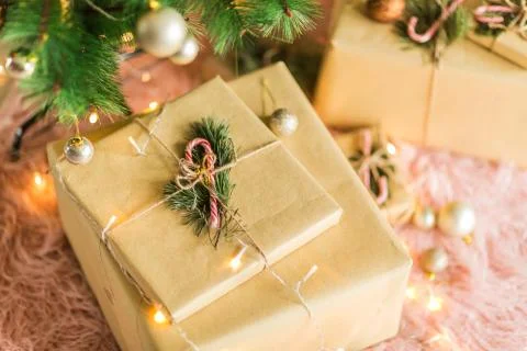 Christmas background with gift boxes. Preparation for holidays. Top view with Foto stock
