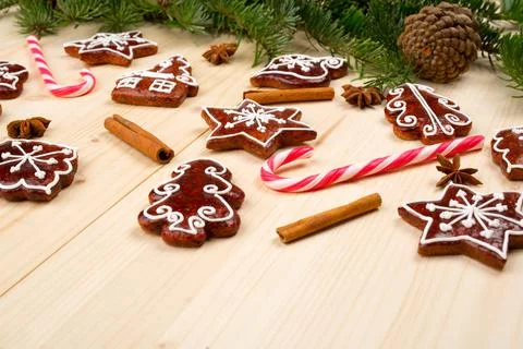 Christmas background with gingerbread Stock Photos