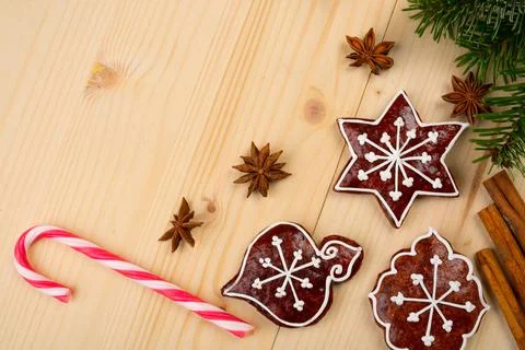Christmas background with gingerbread Stock Photos