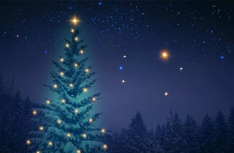 Christmas background with glowing pine tree in a winter forest. Stock Illustration