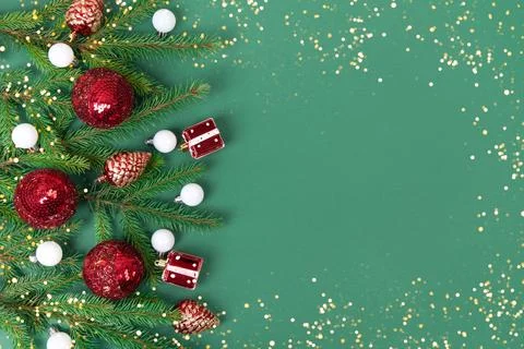 Christmas background with green Christmas tree and balls Stock Photos